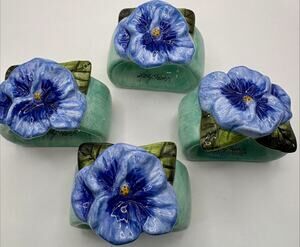 Vintage Pansy Napkin Rings By Kathy Hatch Set of 4 Ceramic/Porcelain 2003